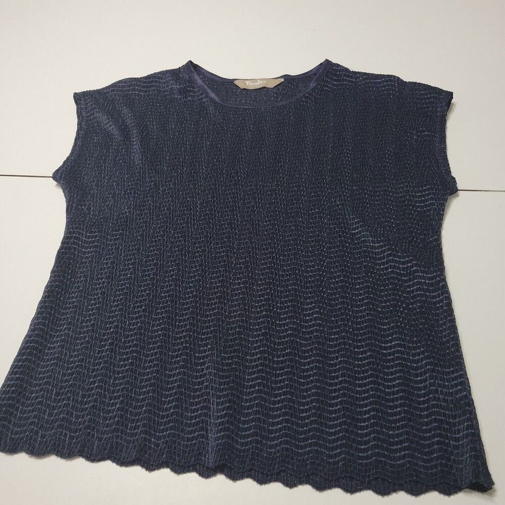 TanJay Shirt Womens Small Blouse Blue Slinky l Short Sleeve Crew Neck Petite Top